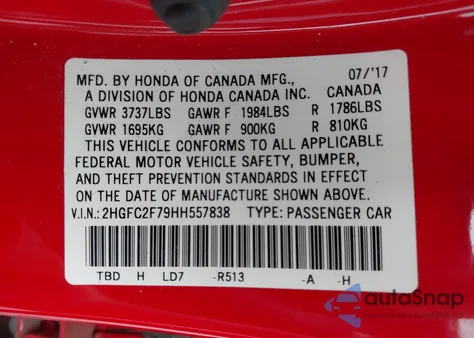 2017 Honda Civic Ex из США, поврежденный, VIN 2HGFC2F79HH557838